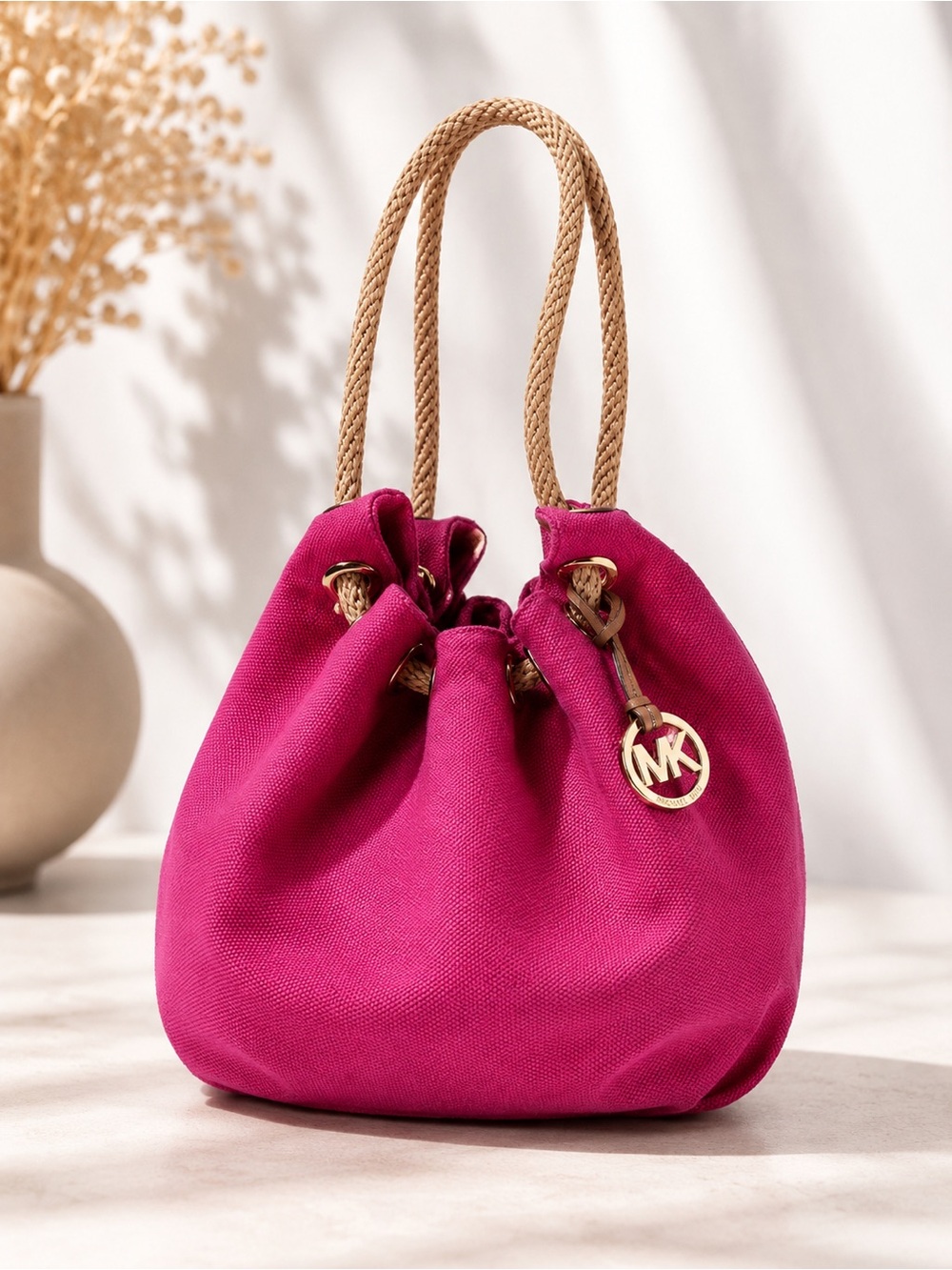 Michael Kors Hot Pink Canvas Rope Handle Drawstring Tote Bag Beach Resort Purse